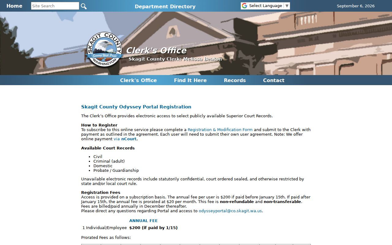 Skagit County criminal docket Odyssey registration and access options