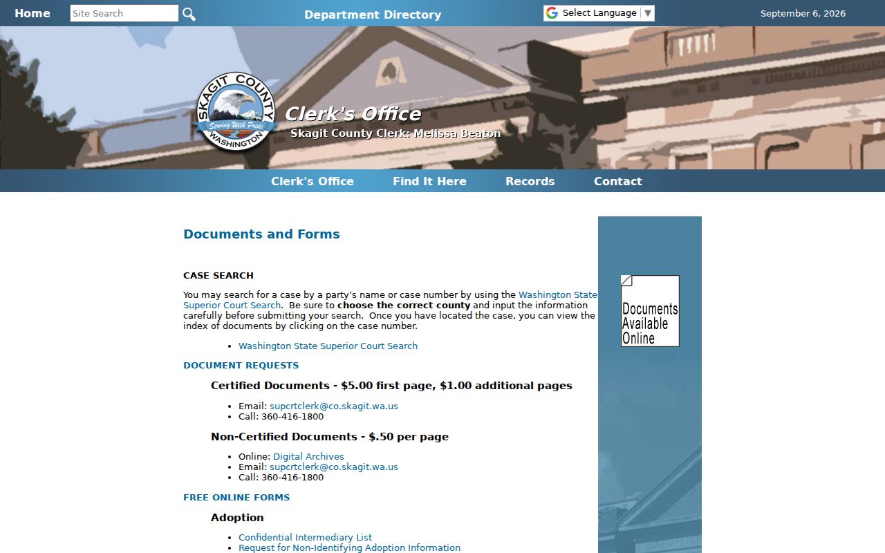 Skagit County criminal docket clerk request directions