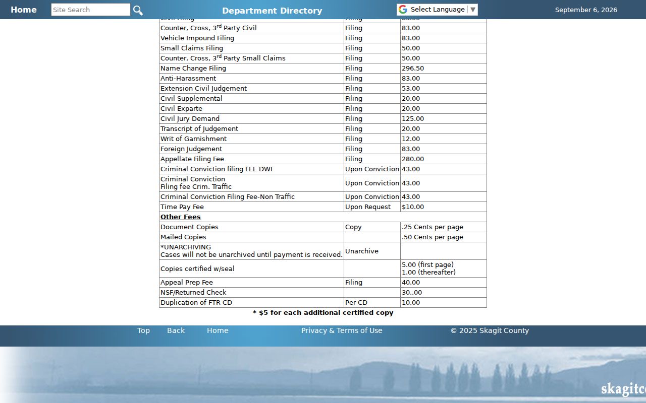 Skagit County civil docket copy certification and archive fees
