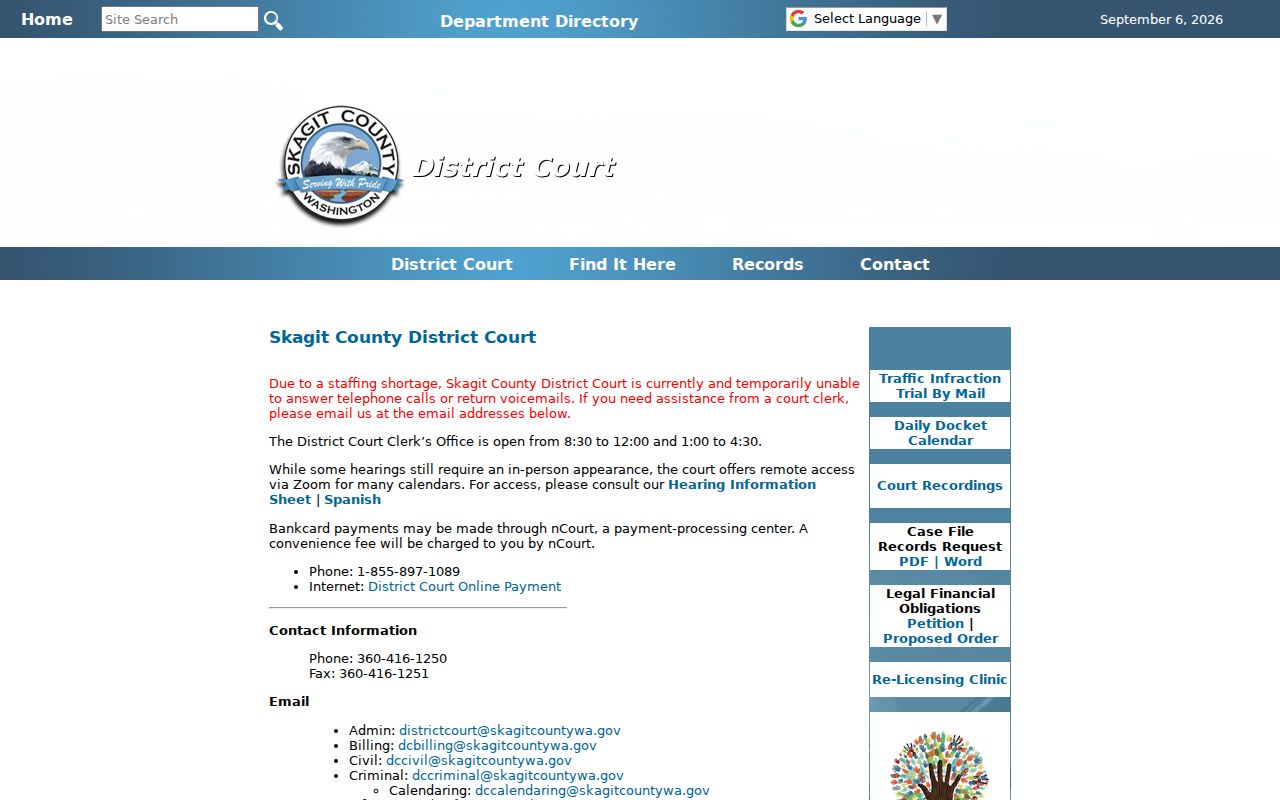 Skagit County civil docket access at District Court