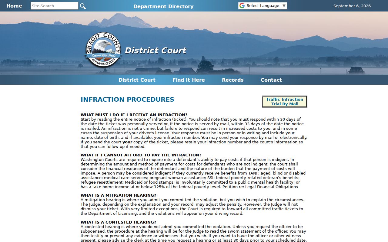 Skagit County District Court traffic infraction response instructions