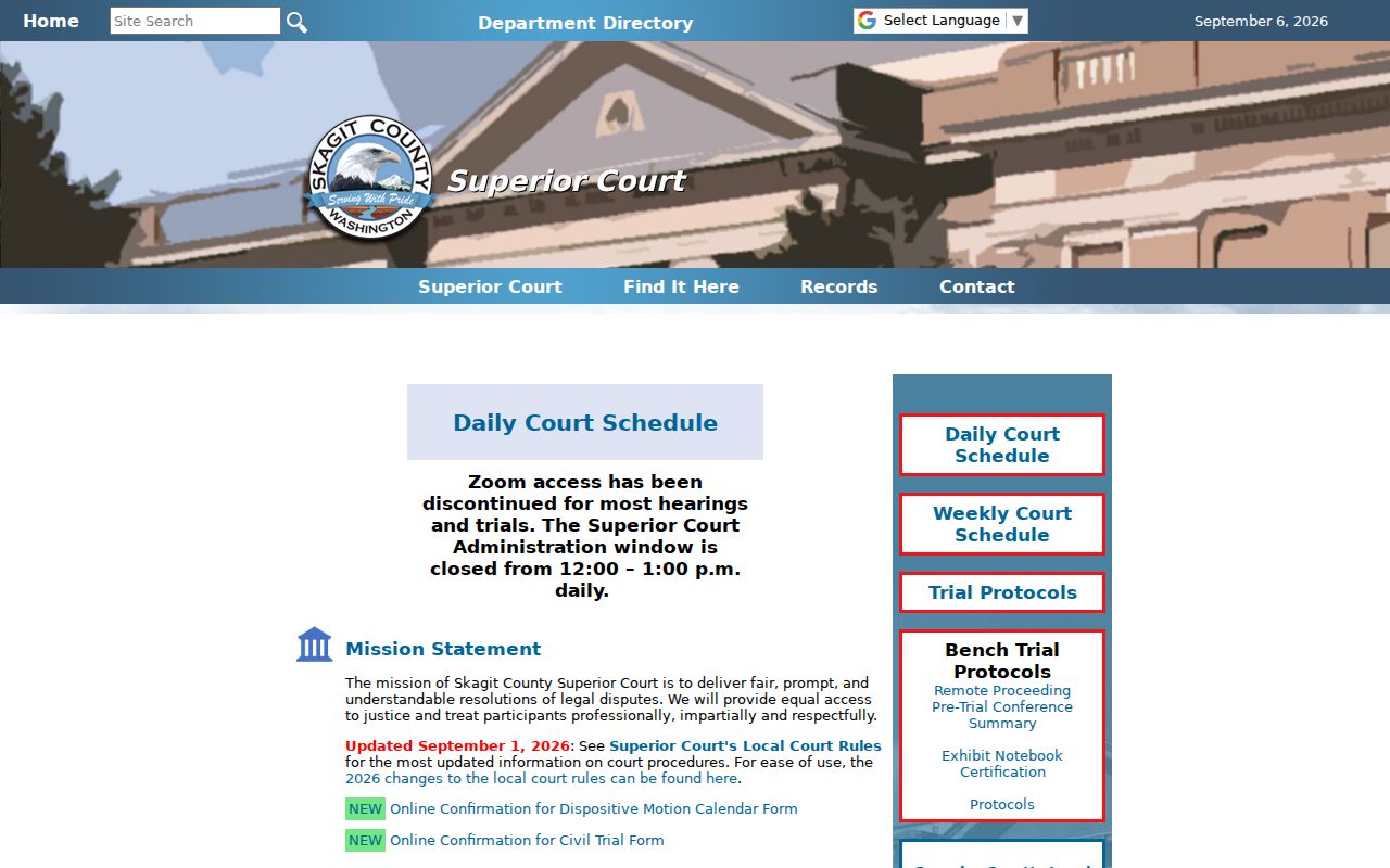 Skagit County Superior Court calendar and current hearing notice